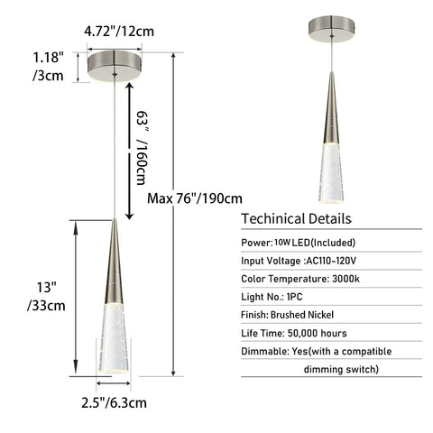 Technical dimensions of Dope Modern Crystal Pendant Light In Brushed Nickel showing size and installation details.
