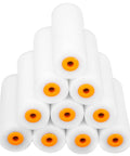 Ten Piece Mini Sponge Paint Roller Sleeve Set Goes Down Smooth Like Butter Fits Standard Frames Fast No Fuss Replacement Foam Rollers For Everyday Home Projects stacked view of white foam rollers with orange ends.