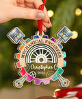 Personalized Mechanical Engineer Ornament With Name And Year, Wooden And Acrylic Two Layer Christmas Keepsake For Engineers held by hand.