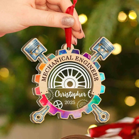 Personalized Mechanical Engineer Ornament With Name And Year, Wooden And Acrylic Two Layer Christmas Keepsake For Engineers held by hand.