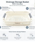Heavy Duty Plastic Storage Bins With Open Top Design For Zero Stress Home Organization, beige drainage storage basket with handles.