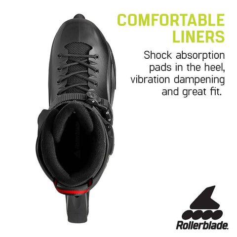 RB 80 Inline Skates Black Red Size 8 For Men And Women, top view showing comfortable liner and shock absorption pads