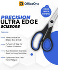 Precision Ultra Edge scissors with ergonomic blue and black comfort grip handles for home, office, and school use.