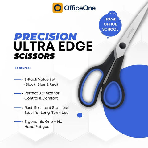 Precision Ultra Edge scissors with ergonomic blue and black comfort grip handles for home, office, and school use.