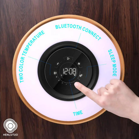 Top view of Maple Log Table Lamp With 10W Wireless Charging Two 5W Bluetooth Speakers Bass LED Light Shade Sleep Mode Smart Touch Control
