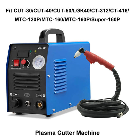 Pt 31 Air Plasma Cutting Torch 40 Amp With 13 Foot Cable Compatible With Cut 45 And Ct Plasma Machines For Industrial Duty Grind And No Sweat Shop Fixes, blue plasma cutter with control panel and black cable.