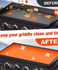 Rock Solid Thick Silicone Griddle Mat For Blackstone 36 Inch Cooktop shows before and after protecting griddle from leaves and moisture.
