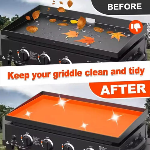 Rock Solid Thick Silicone Griddle Mat For Blackstone 36 Inch Cooktop shows before and after protecting griddle from leaves and moisture.