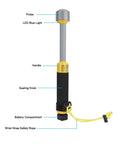 Diagram of Waterproof Handheld Pulse Induction Metal Detector With Pinpointer Probe, showing features like LED light and safety rope.