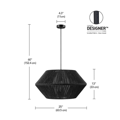 One Light Modern Twine Pendant With Matte Black Canopy And Shade shown with dimensions and designer cloth cord detail