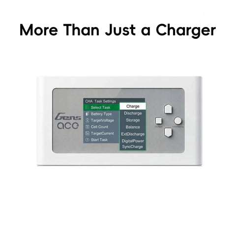 Display interface of Dual LiPo Charger For RC Fans With Bluetooth App Control, 16A AC 300W DC 700W, showing charge options.