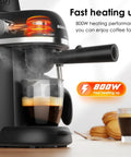 No Hassle Portable Coffee Machine With Quick Turn 800 Watt Espresso And Cappuccino Maker Featuring Built In Milk Frother For Straight Up Lattes And Smooth Daily Grinds Black brewing espresso with quick heating and frothing.