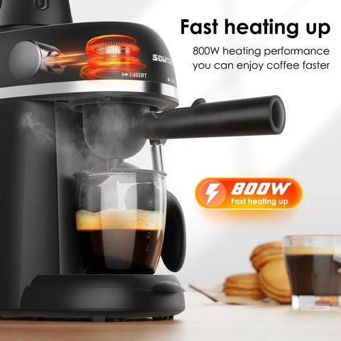 No Hassle Portable Coffee Machine With Quick Turn 800 Watt Espresso And Cappuccino Maker Featuring Built In Milk Frother For Straight Up Lattes And Smooth Daily Grinds Black brewing espresso with quick heating and frothing.