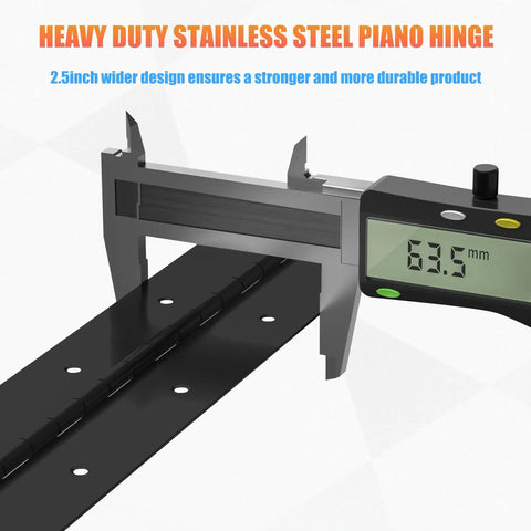Heavy Duty 2 Pack 18 Inch Black Stainless Steel Piano Hinges measured with a caliper for precise dimensions.