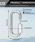 Fifteen Pack Heavy Duty Chain Hooks And Quick Links In 304 Stainless Steel One Eighth Inch Locking Carabiners Rust Free, product dimension and features.