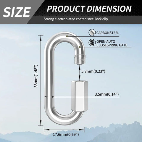 Fifteen Pack Heavy Duty Chain Hooks And Quick Links In 304 Stainless Steel One Eighth Inch Locking Carabiners Rust Free, product dimension and features.