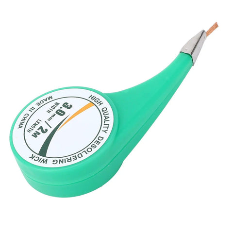 Pro Grade Solder Wick Braid With Flux Brass Desoldering Wicks, 2m Length, 3.0mm Width, green spool, visible braid tip