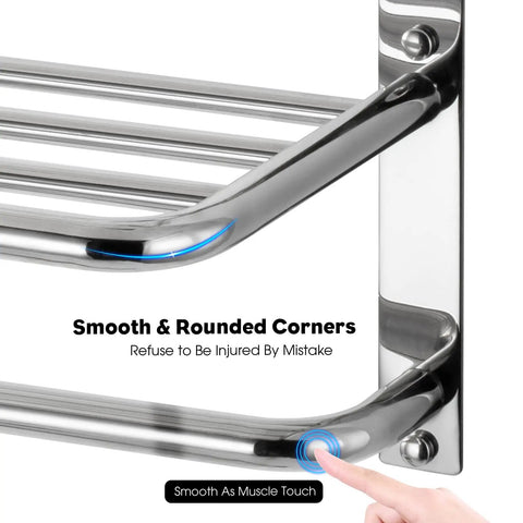 Close-up of brushed nickel corner with smooth rounded edges on 3 Tier Bathroom Towel Rack Wall Mount In Brushed Nickel SUS 304 Stainless Steel Tall Tower Holder For Towels Robes And Clothes Rust Proof 23 Inch Towel Shelf And Hanger Space Saving Organizer Must Have
