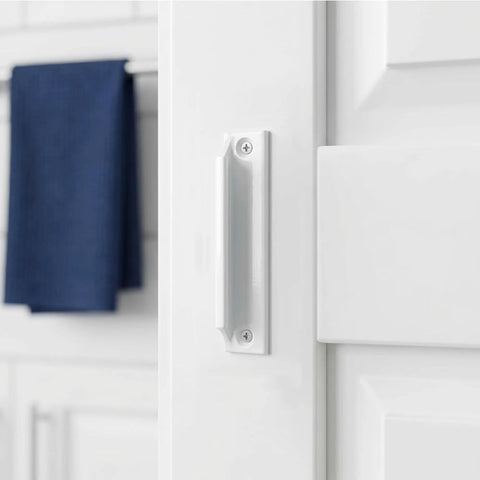 White 3.5 inch aluminum handle on cabinet, part of 2 Pack Aluminum Drawer Handles 3 Point 5 Inch Low Profile Finger Pulls For Kitchen Cabinets And Dressers White Finish With Screws Durable Rust Proof Hardware No Fuss Easy Install