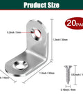 20 Pack L Bracket Corner Brace Set In Stainless Steel, 30mm by 30mm, 2mm thick, shown with screw, for wood cabinets and DIY projects