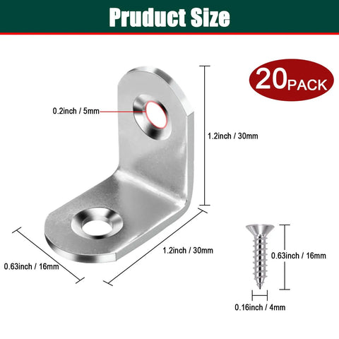 20 Pack L Bracket Corner Brace Set In Stainless Steel, 30mm by 30mm, 2mm thick, shown with screw, for wood cabinets and DIY projects