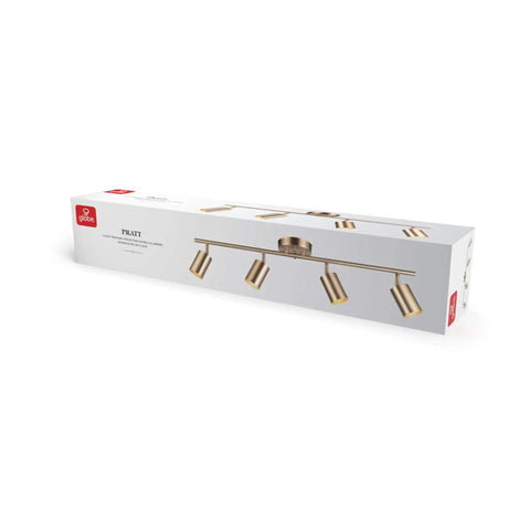 Packaging of Pratt 4 Light Track Lighting in Matte Brass Gold with Pivoting Heads for modern glam illumination