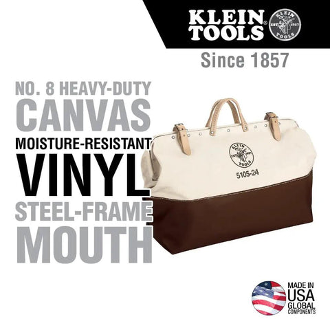 Pro Grade Heavy Duty Canvas Tool Bag With Moisture Resistant Vinyl Bottom And Steel Frame For Rugged Use, 24 Inch on display