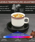 Electric Coffee Mug Warmer With Three Custom Heat Levels And Smart Auto Shut Off Keeps Your Morning Brew Straight Up Toast For Chill Work Days Or Lazy Weekend Routines On Your Workspace Desk In Crisp White Finish. Coffee cup on warming station with heat settings.