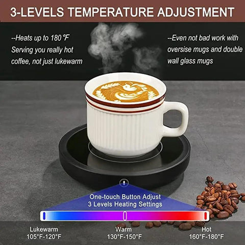 Electric Coffee Mug Warmer With Three Custom Heat Levels And Smart Auto Shut Off Keeps Your Morning Brew Straight Up Toast For Chill Work Days Or Lazy Weekend Routines On Your Workspace Desk In Crisp White Finish. Coffee cup on warming station with heat settings.