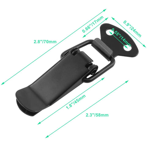 Heavy Duty 4 Pack Spring Toggle Latch 2.8 Inch Black Stainless Steel Cabinet Door Latch with dimensions and design details.