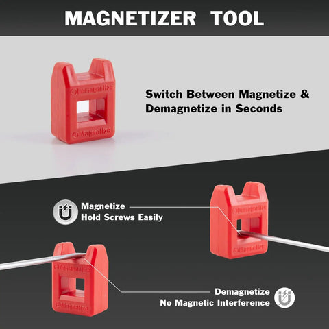 Red magnetizer tool for 18 Piece Magnetic Screwdriver Set With Case 7 Phillips And 9 Slotted Tips Cushioned Grip Non Slip
