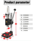 Heavy Duty Manual Arbor Press Machine With Ball Bearing Design side view with dimensions marked for precise measurements.