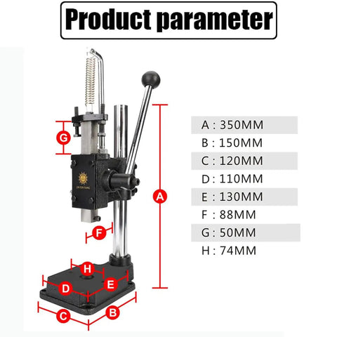Heavy Duty Manual Arbor Press Machine With Ball Bearing Design side view with dimensions marked for precise measurements.