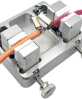 Beefy Aluminum Soldering Clamp For Quick PCB Fixes And Precise Wiring in use with wires held by aluminum and ceramic clamps