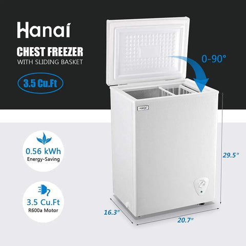 3.5 Cubic Feet Deep Chest Freezer With Adjustable Thermostat Compact Freestanding Mini Freezer In Black, white finish, sliding basket, measured dimensions.