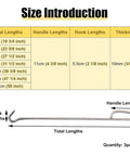 Size introduction chart for Badass Manhole Hook 3 Pack Drain Lid Lifter With No Sweat Grip portable handle details.
