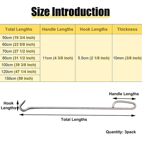 Size introduction chart for Badass Manhole Hook 3 Pack Drain Lid Lifter With No Sweat Grip portable handle details.