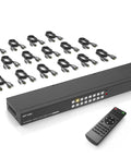 Rock Solid 16 Port HDMI KVM Switch Console with Four USB Hubs and button remote and cables for server management.