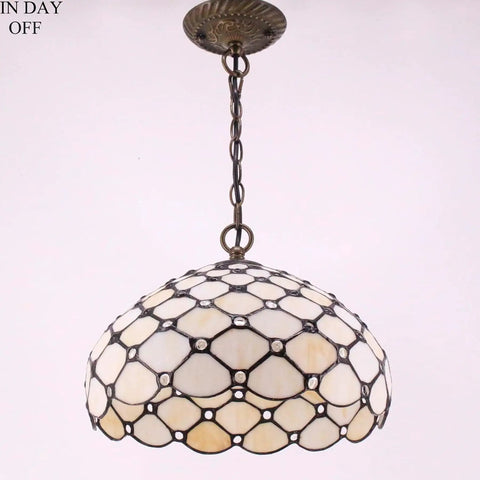 Tiffany Style Cream Amber Bead Stained Glass Pendant Light Fixture, 12 Inch Wide Shade, 32 Inch Hanging Cord With 24 Inch Chain
