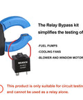 Plug And Play Fuel Pump Relay Bypass Kit With Six Relay Tester Modules showing a relay and blue clamps