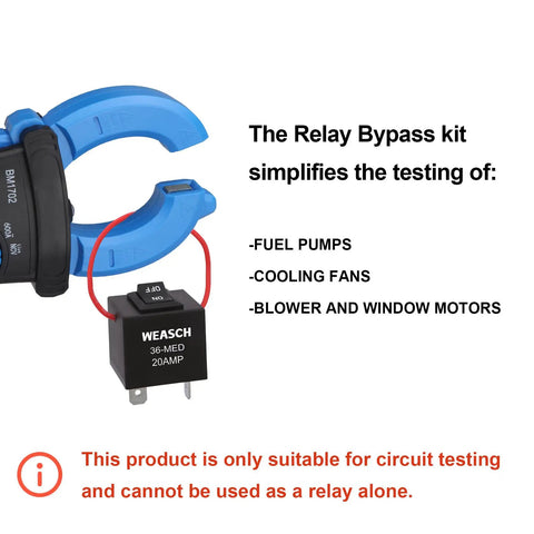 Plug And Play Fuel Pump Relay Bypass Kit With Six Relay Tester Modules showing a relay and blue clamps