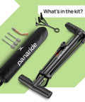 Versatile Handheld Bike Pump With Dual Presta And Schrader Valves and accessories shown on green background