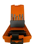 Five Piece Heavy Duty Carbide Rotary Burr File Set With One Quarter Inch Shank For Die Grinder Drill in orange case, showing polished burrs.