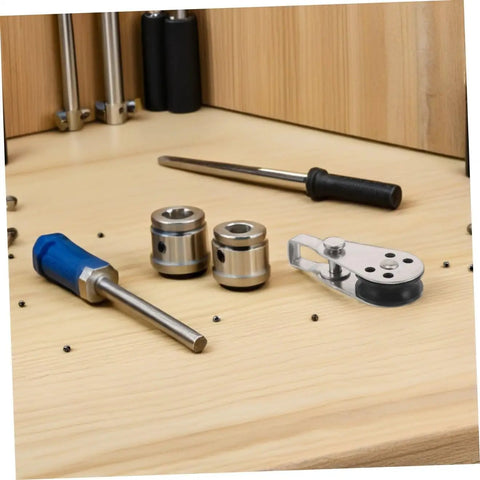 Stainless Steel Pulley Block Set For Kayak And Sailboat Ropes, 4 Pack Heavy Duty Pulleys With Bearing Wheels on workbench