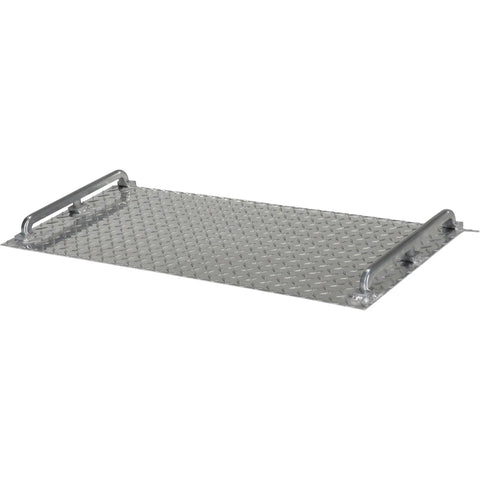 Heavy Hitting Aluminum Mini Dock Plate 18 By 36 Inch With Grippy Non Skid Tread 700 Pound Capacity Portable Truck Bridge Ramp for Curbs and Thresholds, side view.