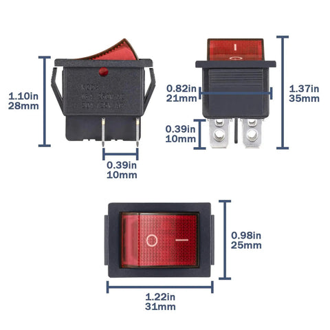 Six Pack Red Lighted Rocker Switches DPST 4 Pin On Off 2 Position 16A 125V AC 20A 250V AC For Marine Boat Car RV Electrical Panel Waterproof Weatherproof Dope Install, 31x25mm
