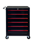 Heavy Duty Rollin Tool Chest With Six Slick Ball Bearing Glides And Scratch Proof Steel Worktop Featuring Locked Swivel Casters For Easy Shop Or Job Site Haulin In Tough Black Powder Coat with red detail.