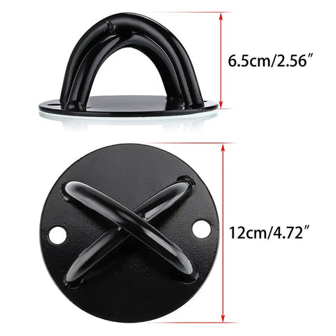 Heavy Duty Wall Mount Bracket And Ceiling Anchor Hooks For Suspension Trainer Straps, black steel, 6.5cm high, 12cm wide.