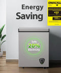 Compact Chest Freezer With Hella Spacious 3.5 Cu Ft Storage And Dang Quiet Cooling Plus Easy Peasy Temp Controls And Solid Grey Frame in energy-saving mode.