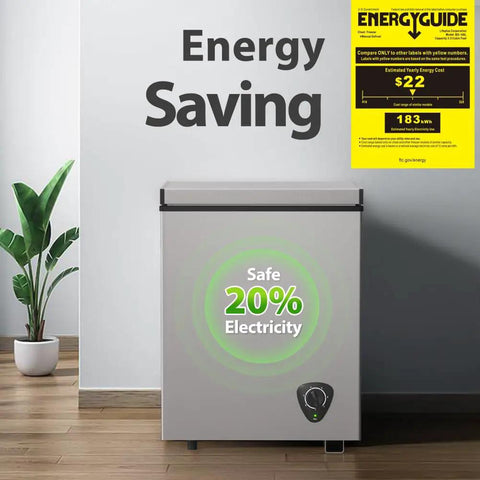 Compact Chest Freezer With Hella Spacious 3.5 Cu Ft Storage And Dang Quiet Cooling Plus Easy Peasy Temp Controls And Solid Grey Frame in energy-saving mode.